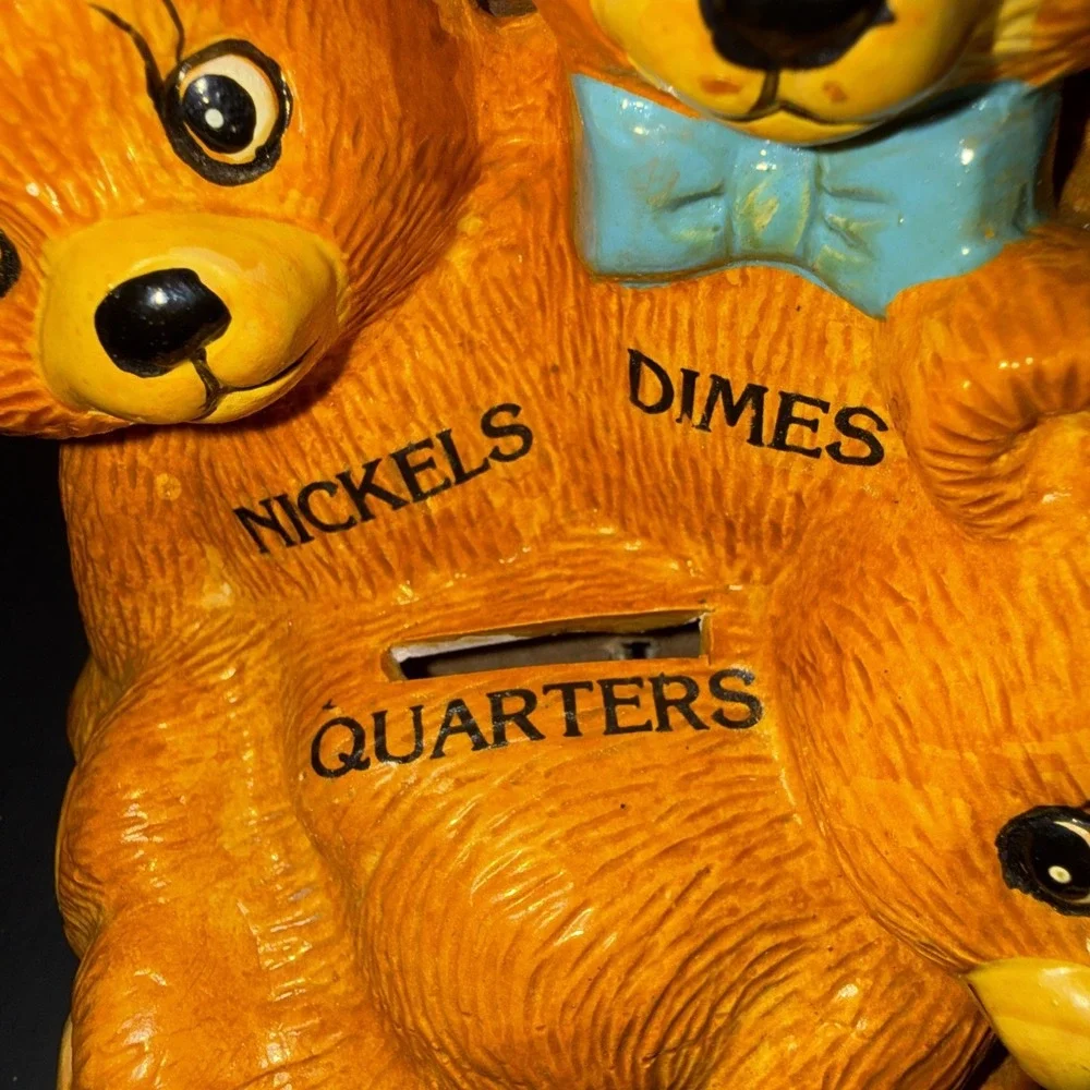 Vintage Ceramic Teddy Bear Coin Bank For Nickels Dimes & Quarters Collectible Ma